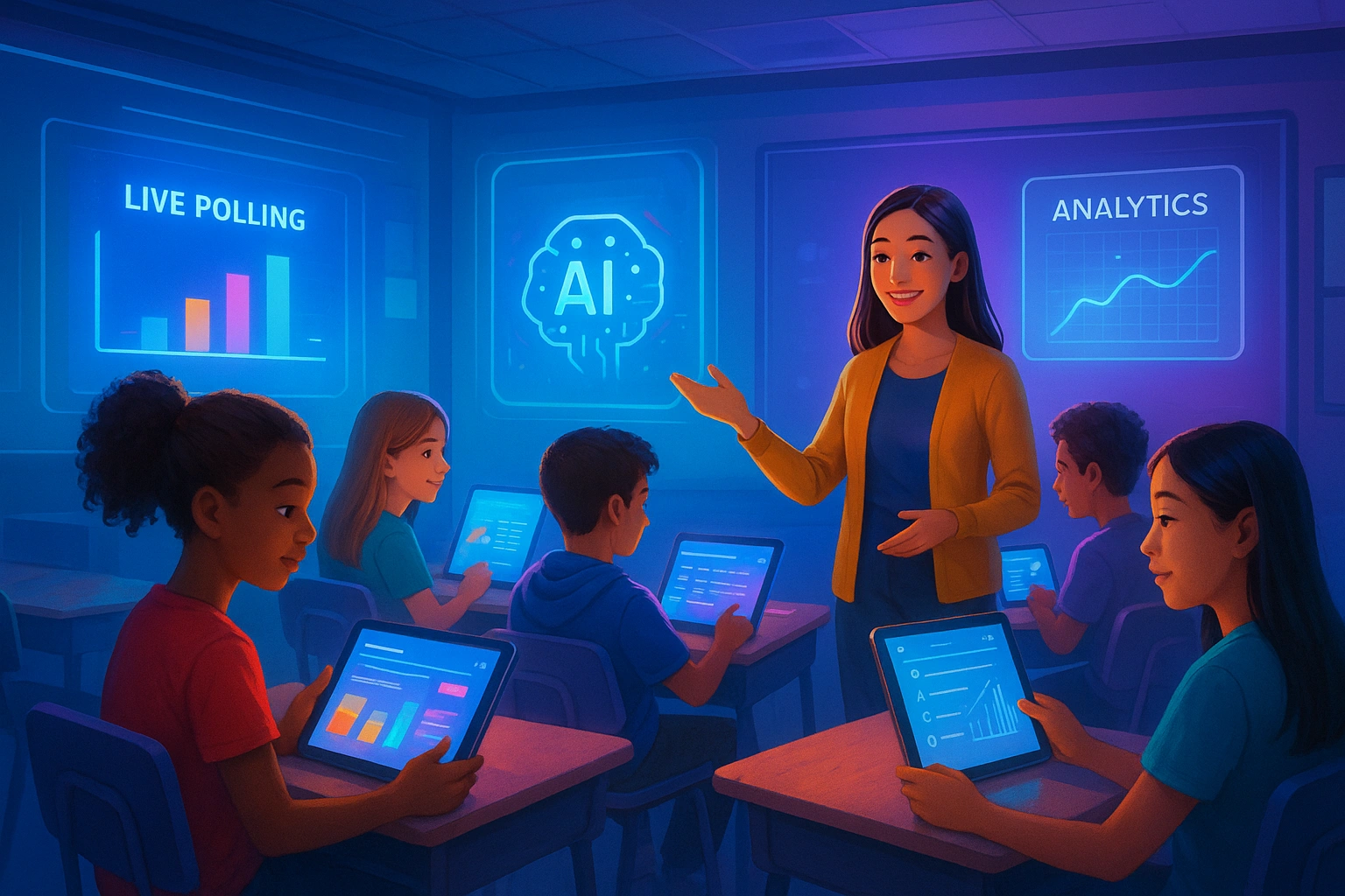 A vibrant, futuristic classroom where students are using interactive AI apps on their devices, facilitated by a teacher.