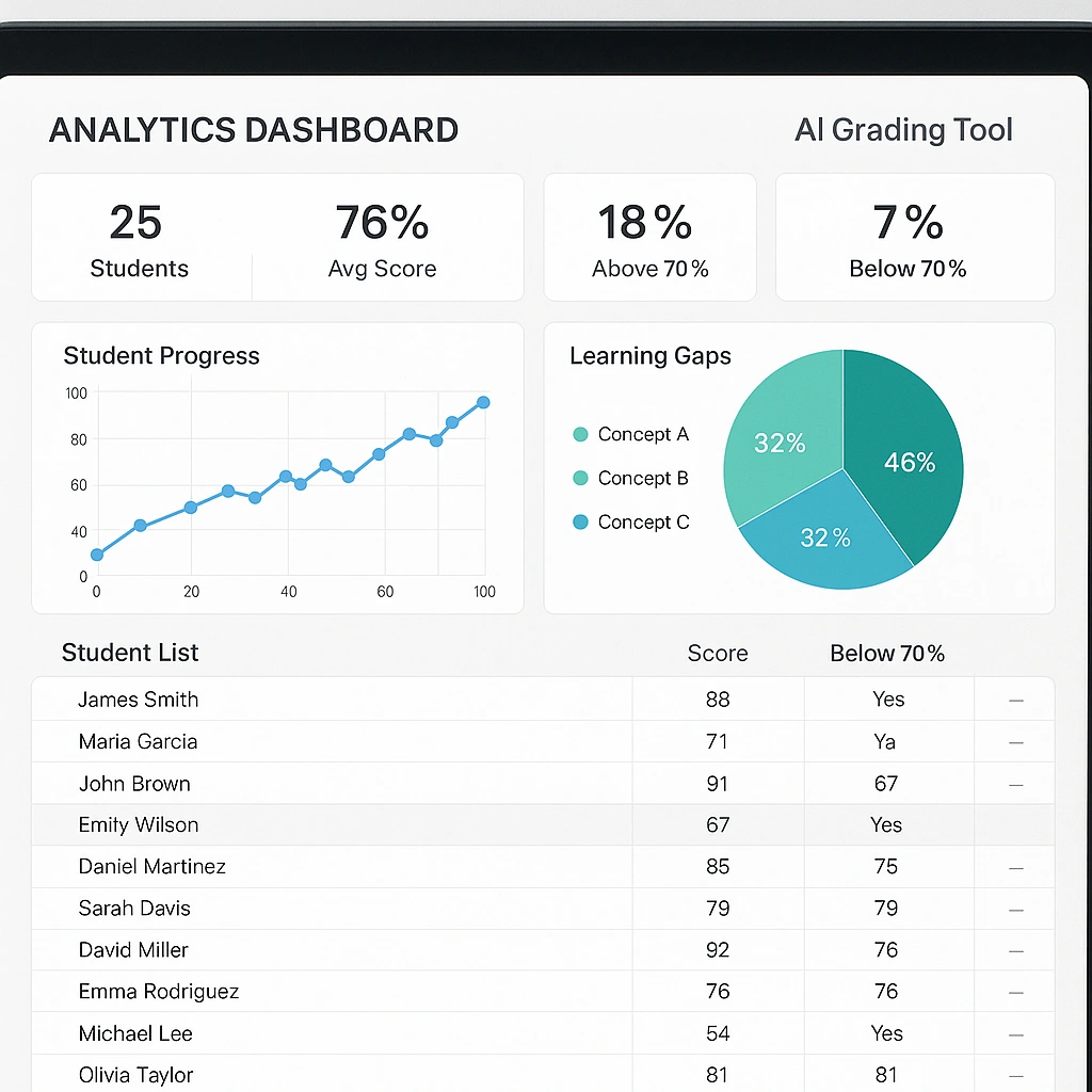 An analytics dashboard from an affordable AI grading tool showing student progress and learning gaps.