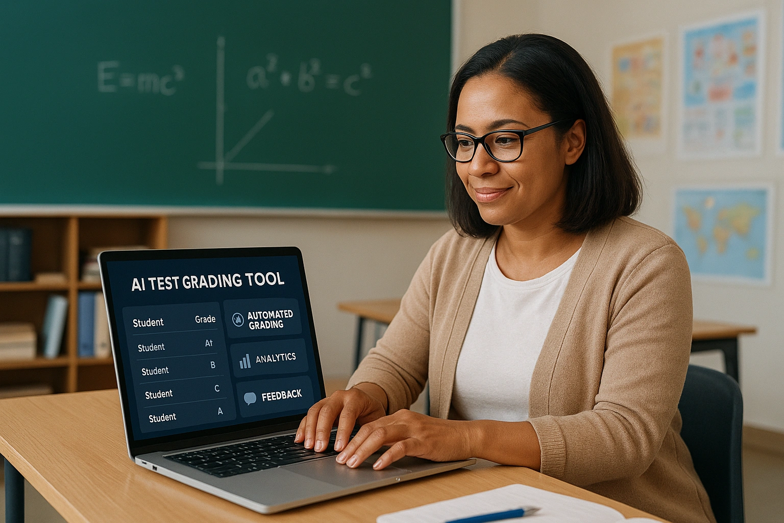 An educator efficiently using one of the best AI test grading tools in 2025 to streamline their classroom workflow.