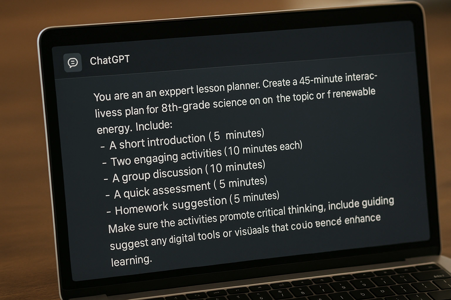 An example of a detailed prompt being entered into ChatGPT for educational purposes.