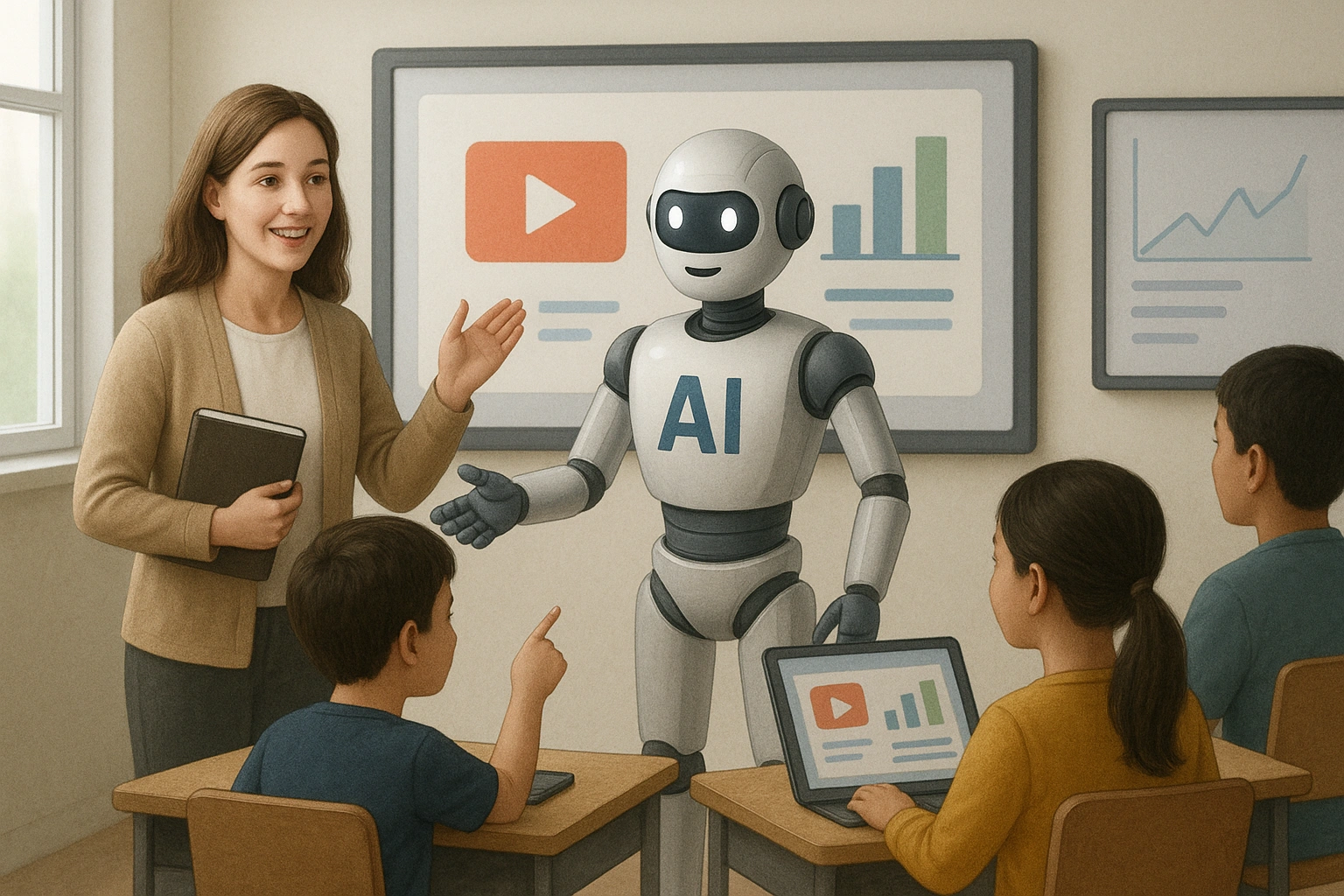 An illustration of AI transforming education, with a teacher and a friendly robot guiding students using interactive screens.