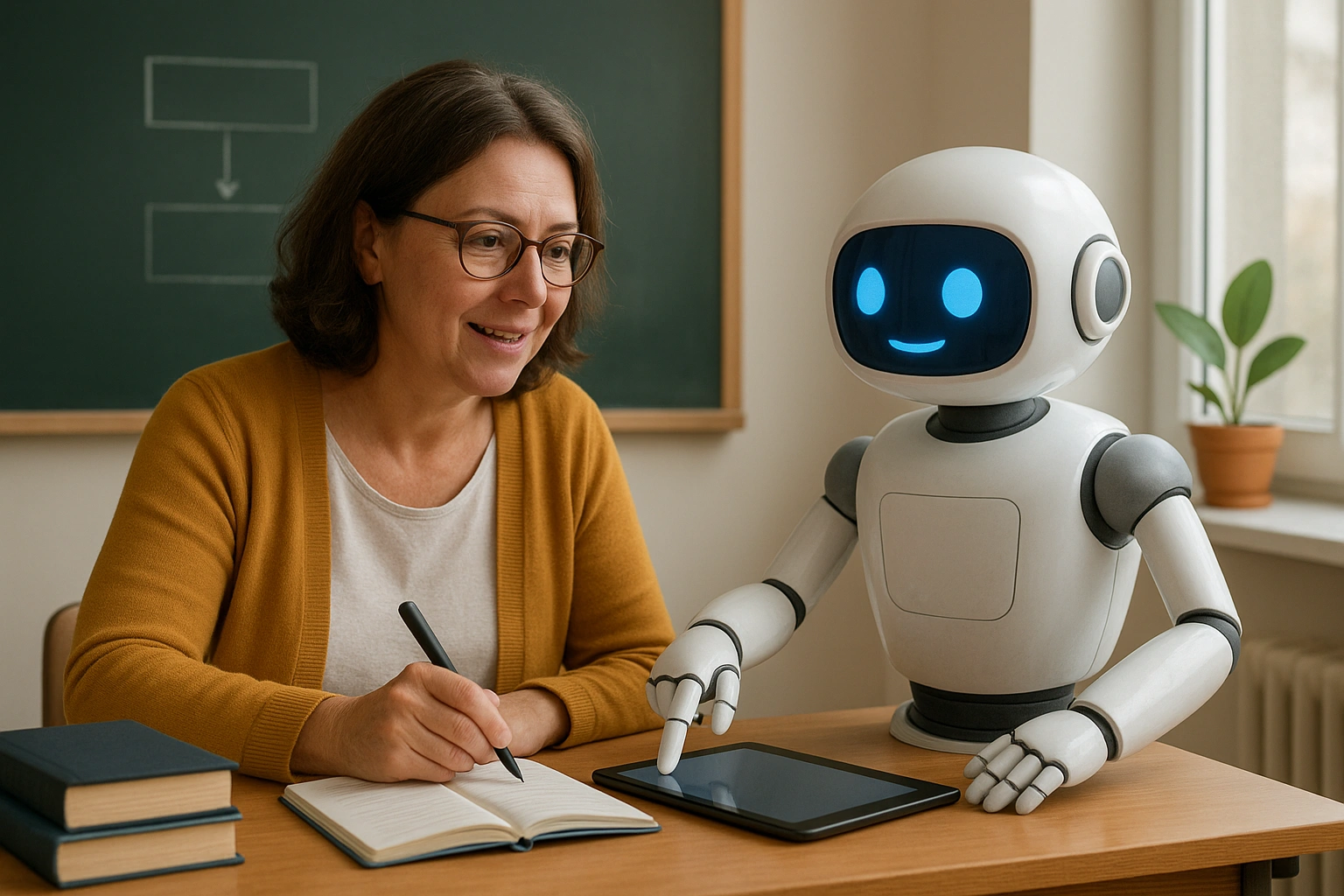 An illustration of a friendly robot helping a teacher at a desk, symbolizing an AI teacher assistant from this AI lesson planning guide.