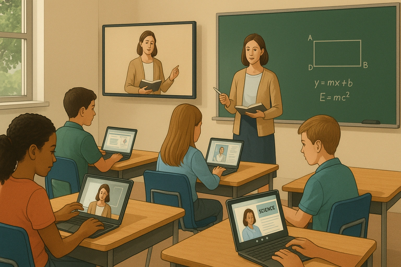 An illustration of a hybrid classroom where technology and traditional teaching methods are blended seamlessly.