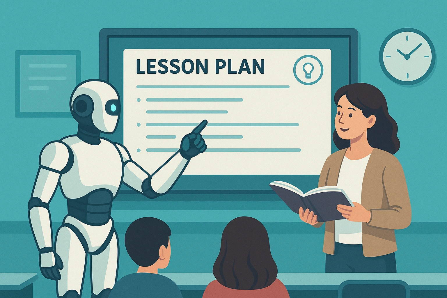An illustration of an AI robot assisting a teacher in a modern classroom, symbolizing the function of AI lesson planning tools.