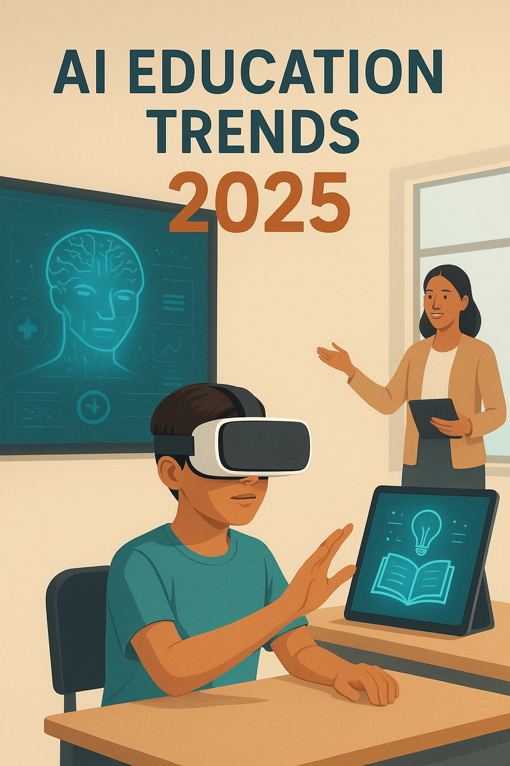 An illustration of the top AI education trends for 2025 in a smart classroom.