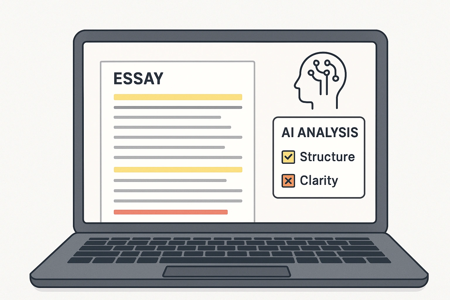 An illustration showing an AI grading software for essays analyzing a digital document for structure and clarity.