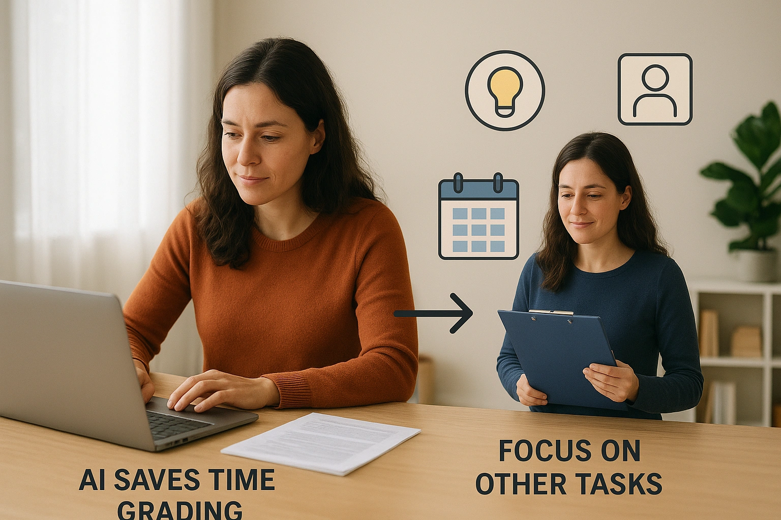 An illustration showing how AI saves time grading, allowing an educator to focus on other tasks.