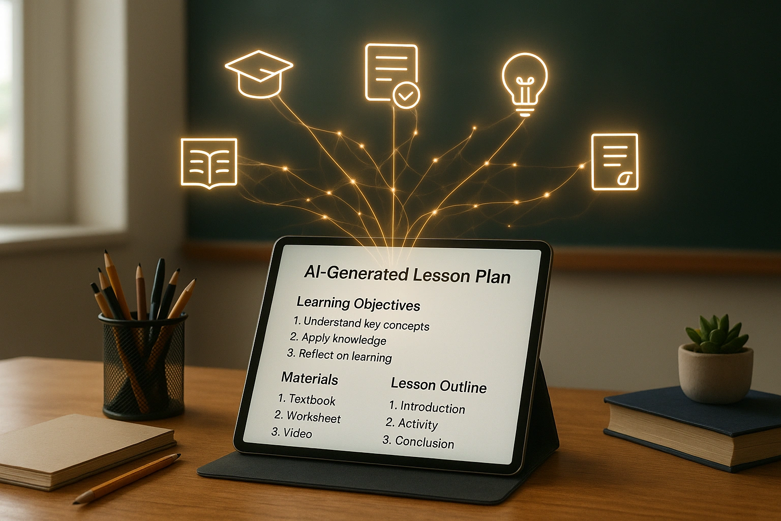 An image of a teacher's desk with a tablet showing an AI-generated lesson plan, with glowing neural network lines connecting to educational icons.