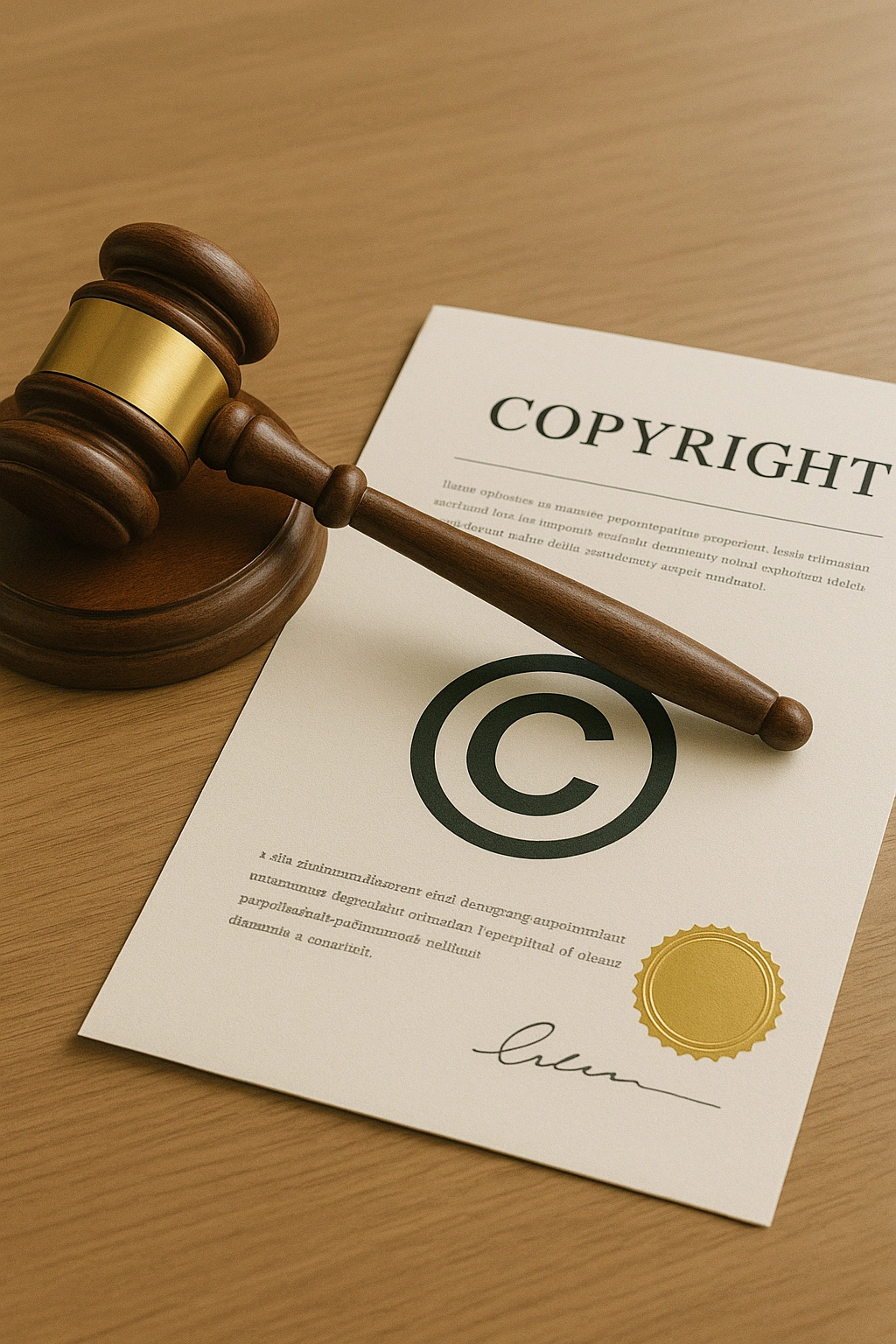 An image representing copyright and intellectual property, such as a gavel or a certified document. Copyright and DMCA Policy