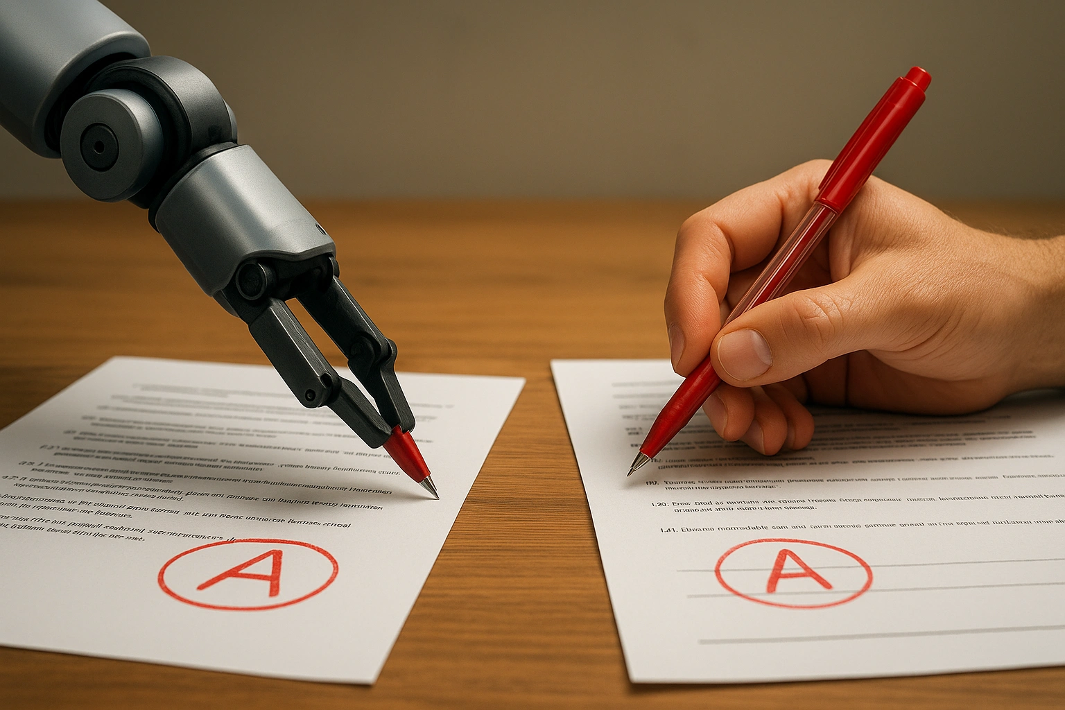 An image showing a split between a robot arm grading papers and a human hand with a red pen, symbolizing the debate of AI grading automation vs manual.