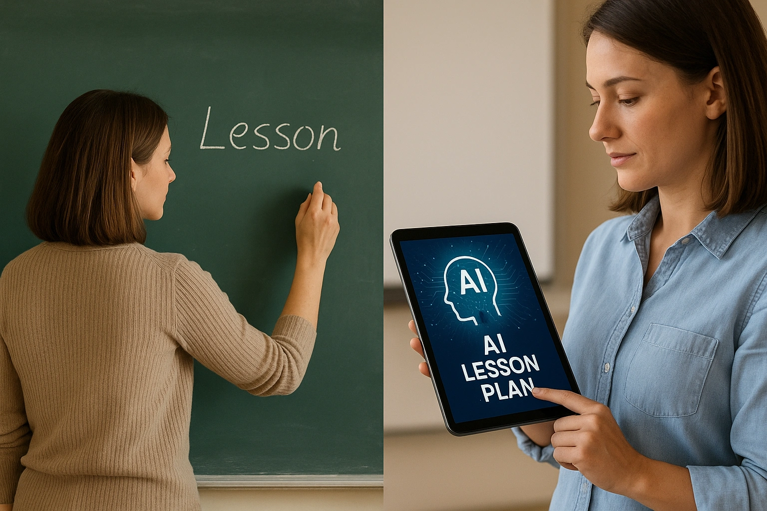 An image showing the evolution from a teacher writing on a chalkboard (traditional planning) to a teacher using an AI app on a tablet (AI vs traditional lesson planning).
