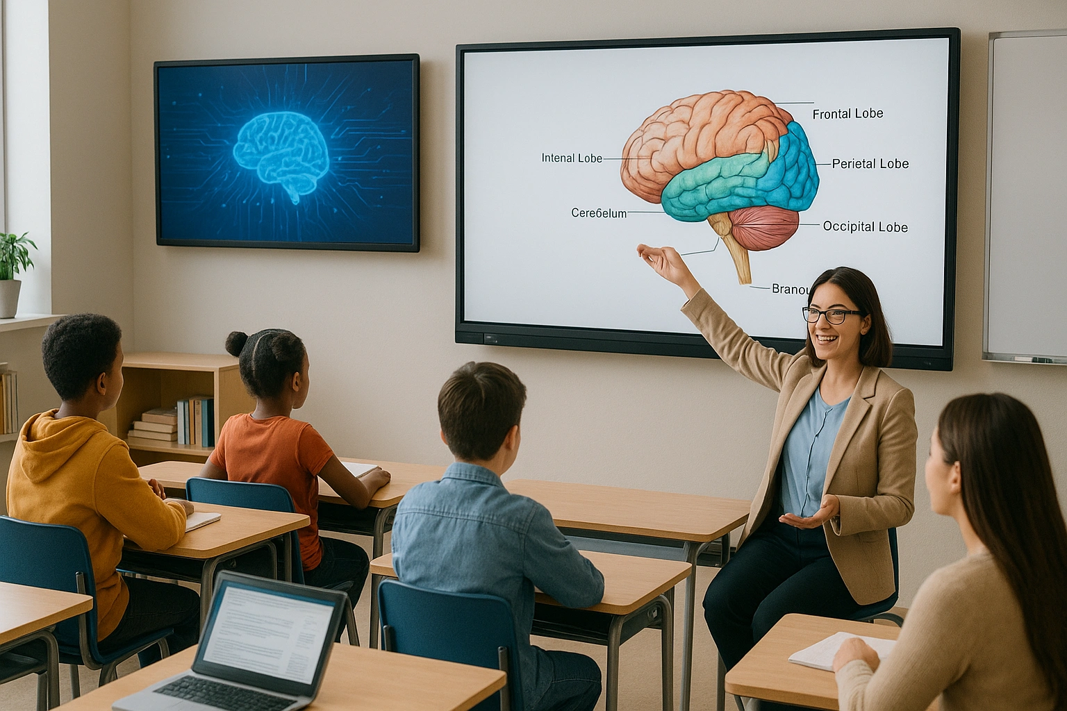 An inspiring image of About Us modern classroom where technology and human teaching intersect.