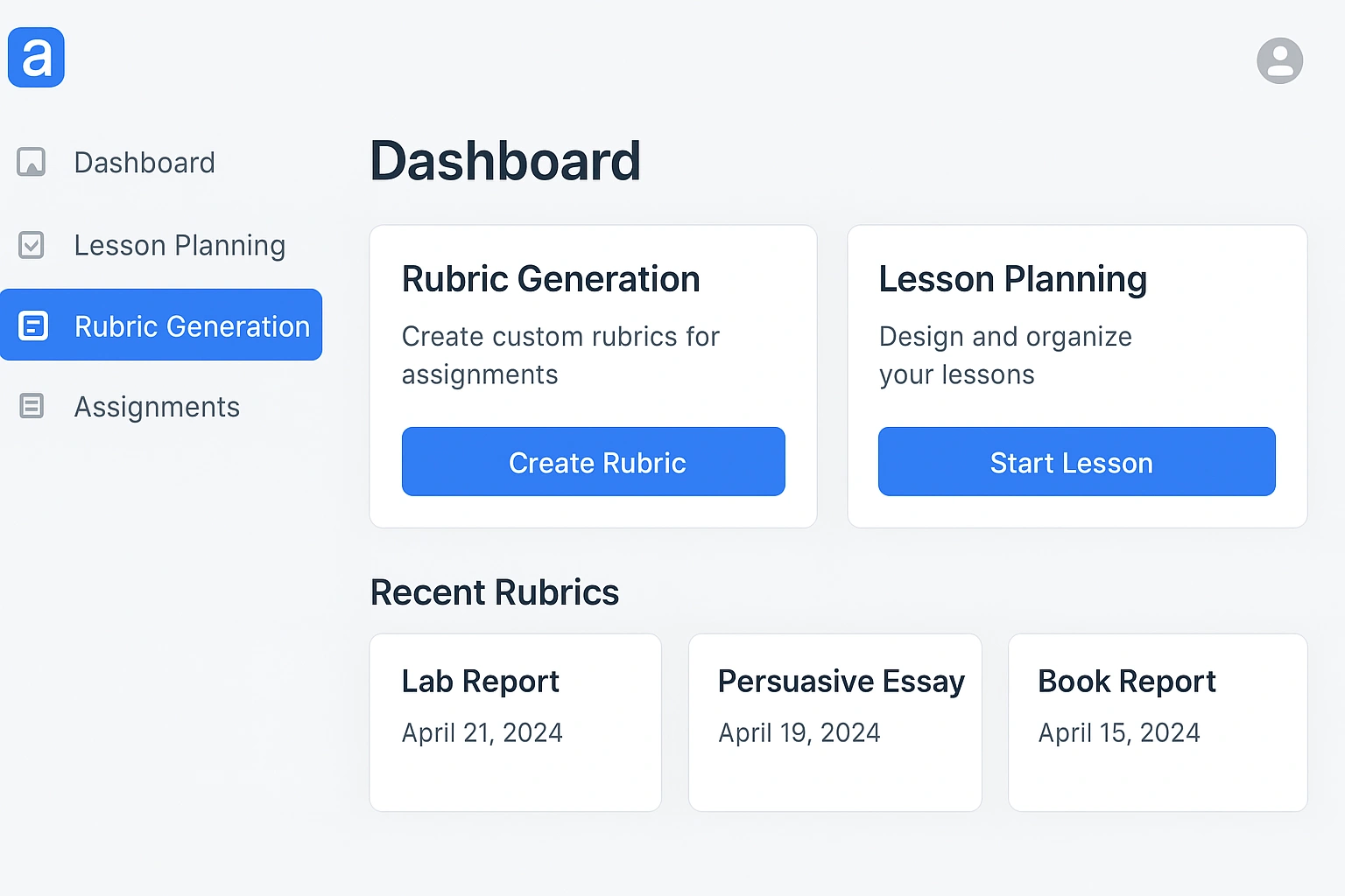 Dashboard of one of the best smart teaching tools showing features like rubric generation and lesson planning.