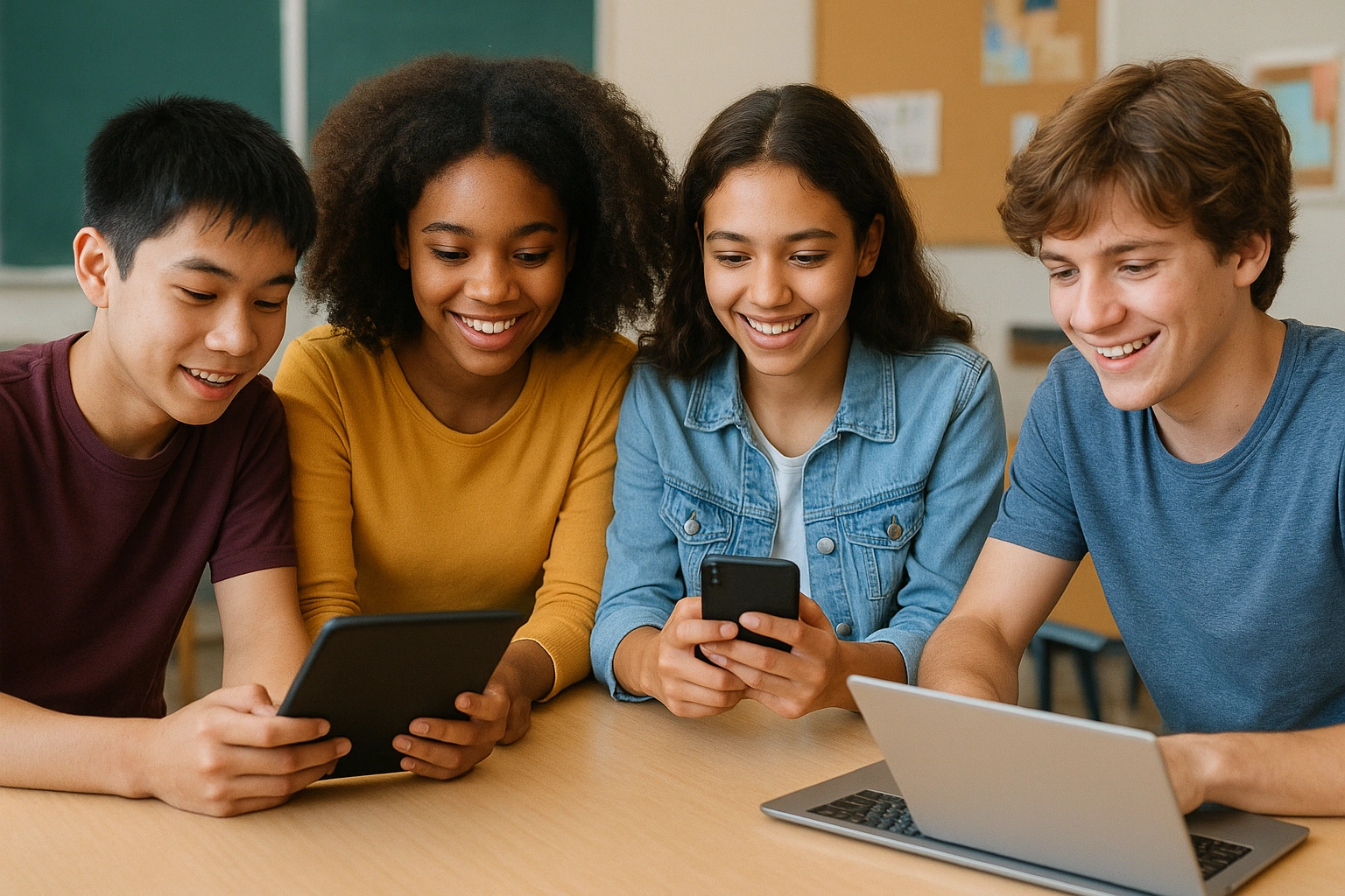 Diverse students collaborating and engaged with budget AI classroom apps on their devices.