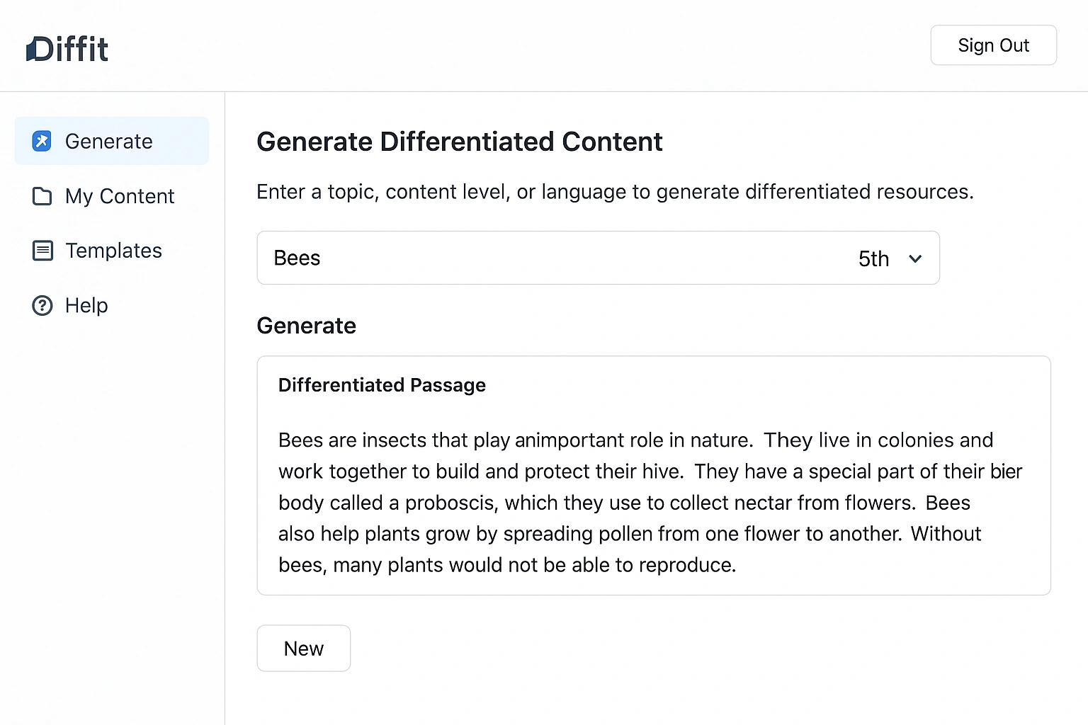 Example of the Diffit interface, a top AI lesson planning software for differentiation.