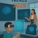 Futuristic smart classroom with students learning through AI-powered tools, holographic displays, and a teacher supported by an AI dashboard, representing AI education trends for 2025.