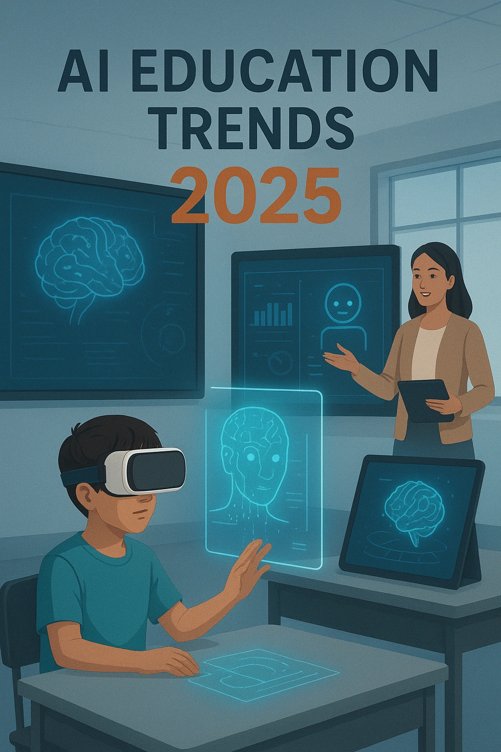 Futuristic smart classroom with students learning through AI-powered tools, holographic displays, and a teacher supported by an AI dashboard, representing AI education trends for 2025.
