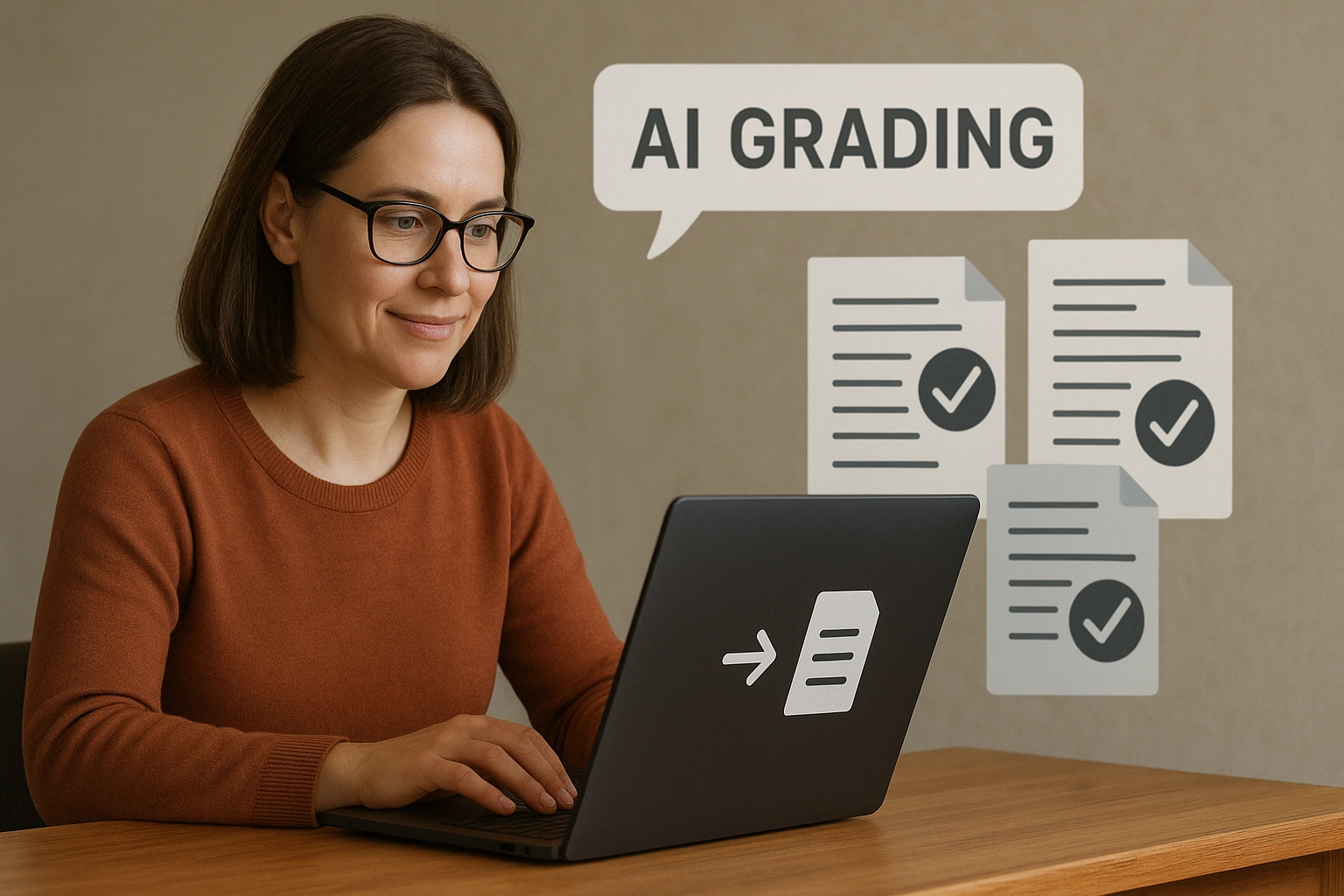 Illustration of a teacher using AI grading tools on a laptop with digital checkmarks and papers, representing faster feedback and smarter education