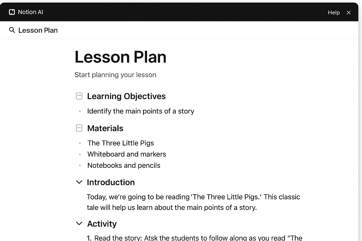 Screenshot of the Notion AI interface being used for teacher lesson planning.