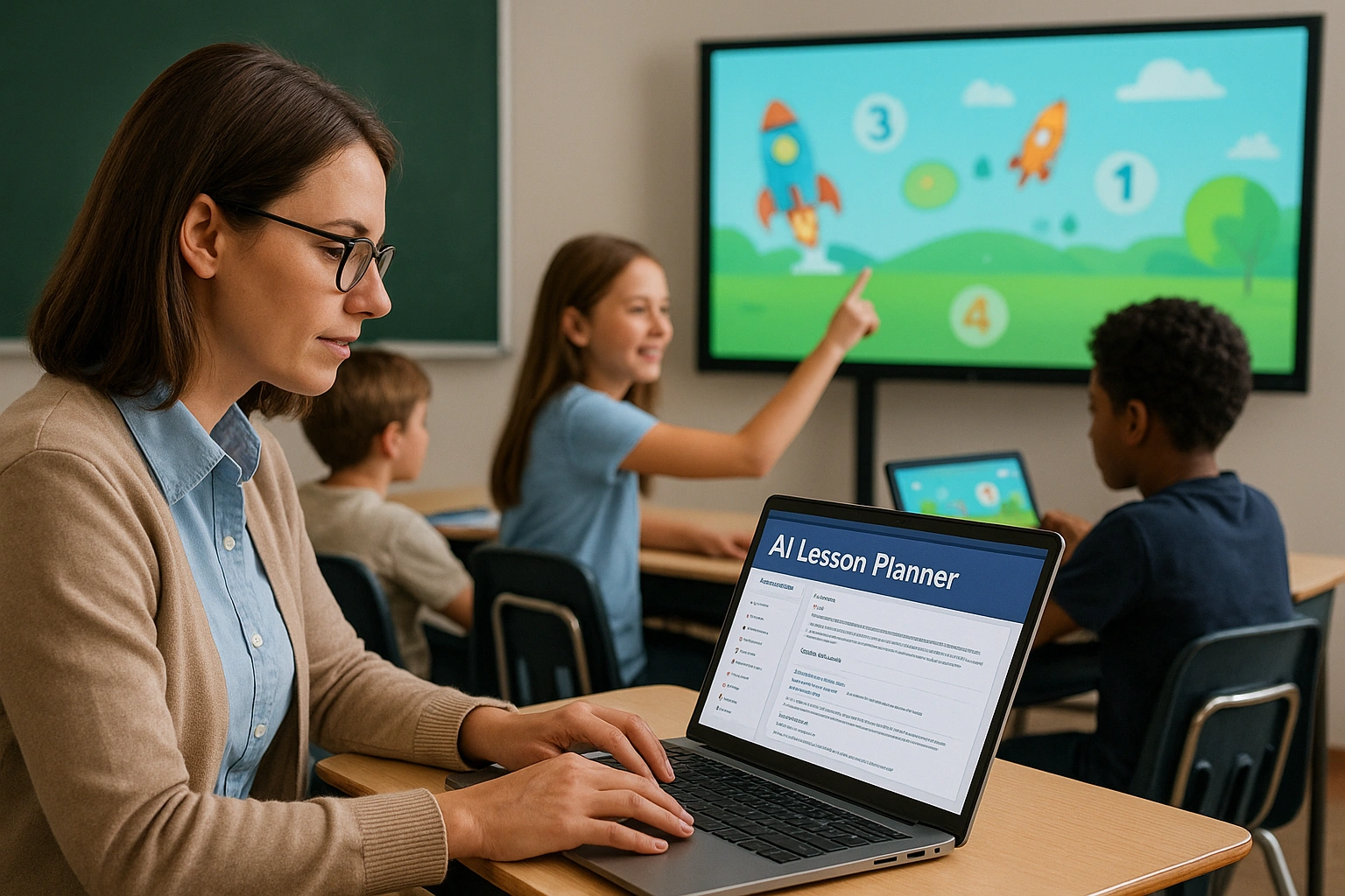 Teacher in a classroom using AI lesson planning tools on a laptop while students engage with interactive lessons, showing technology supporting personalized and efficient teaching.