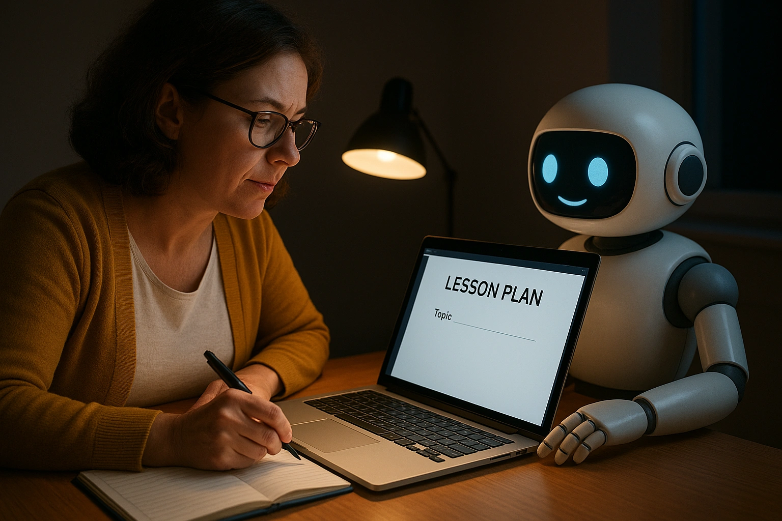 Teacher working late on a blank lesson plan with an AI assistant on the laptop, illustrating how an AI lesson planning guide helps educators create lessons efficiently and creatively.
