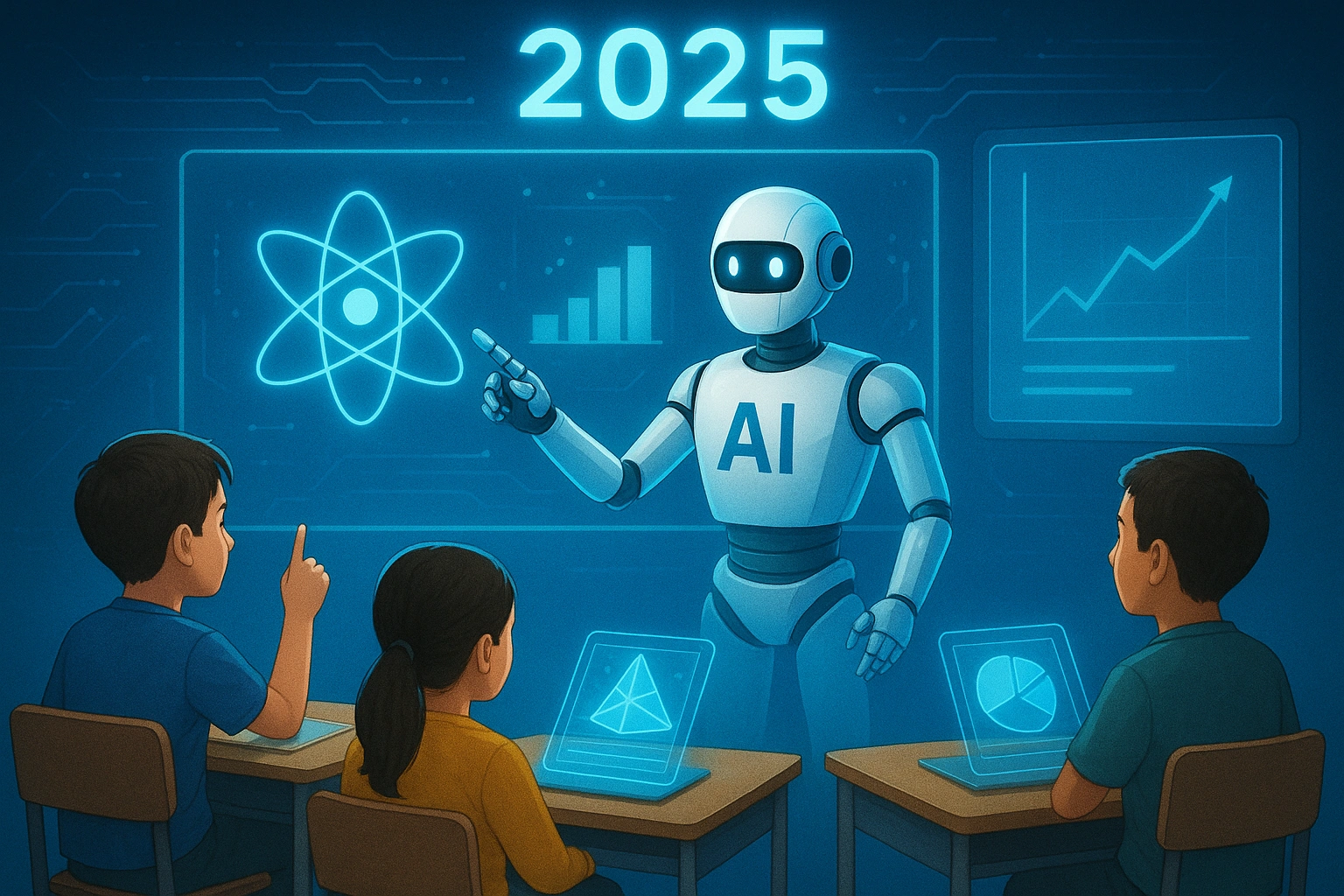 Thumbnail image showing the AI revolution in classrooms students learning with AI tutors, holographic lessons, and futuristic digital education tools in 2025.