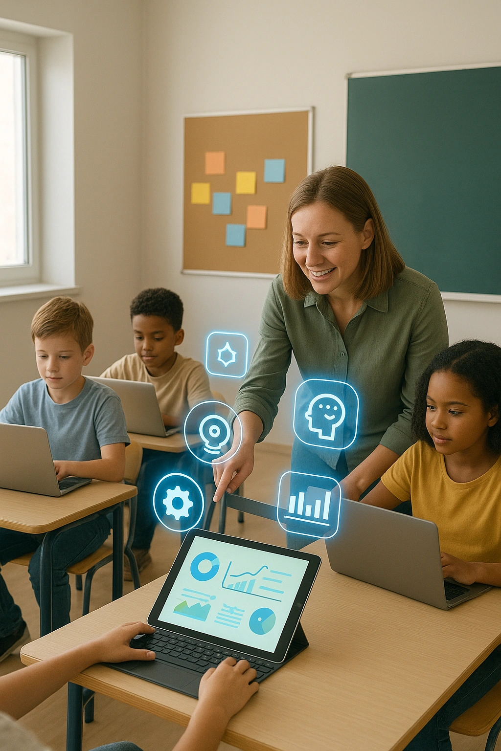 A small, modern classroom with students using tablets and laptops, interactive AI icons and charts floating above their devices, and a teacher guiding them