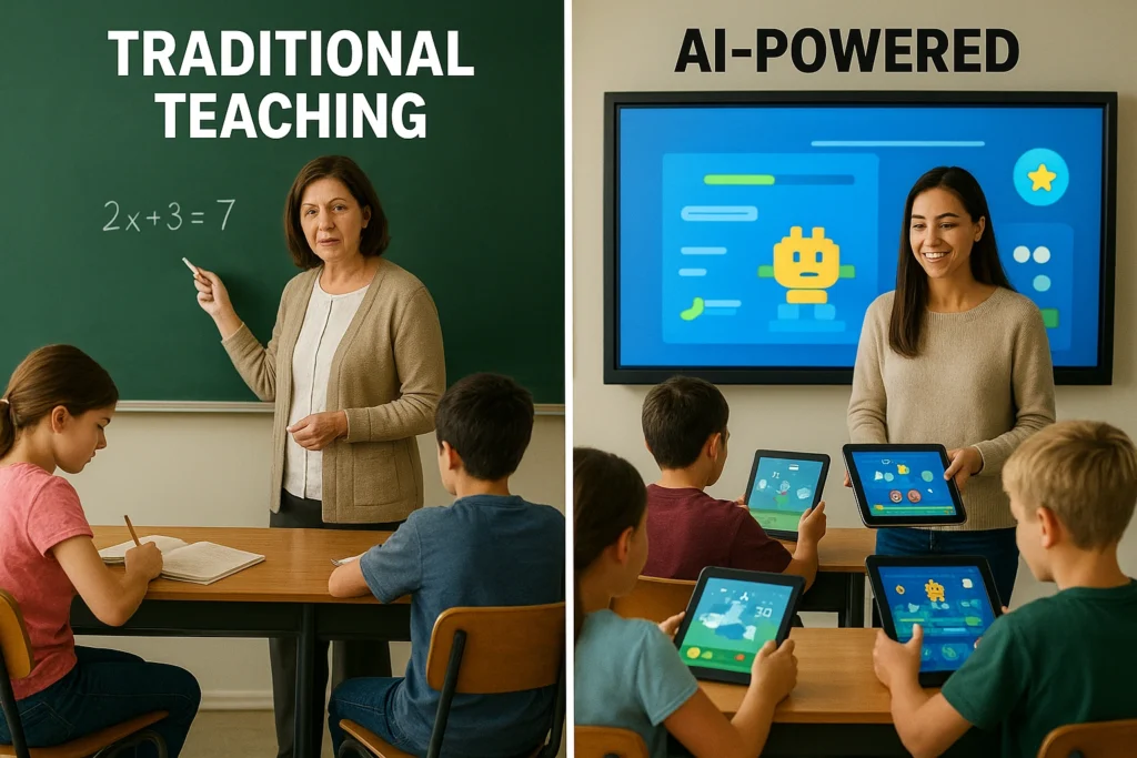 Thumbnail illustrating a classroom engagement comparison: traditional teaching on the left with a teacher and notebooks, and AI-powered learning on the right with tablets, interactive screens, and gamified elements, showing differences in student engagement.