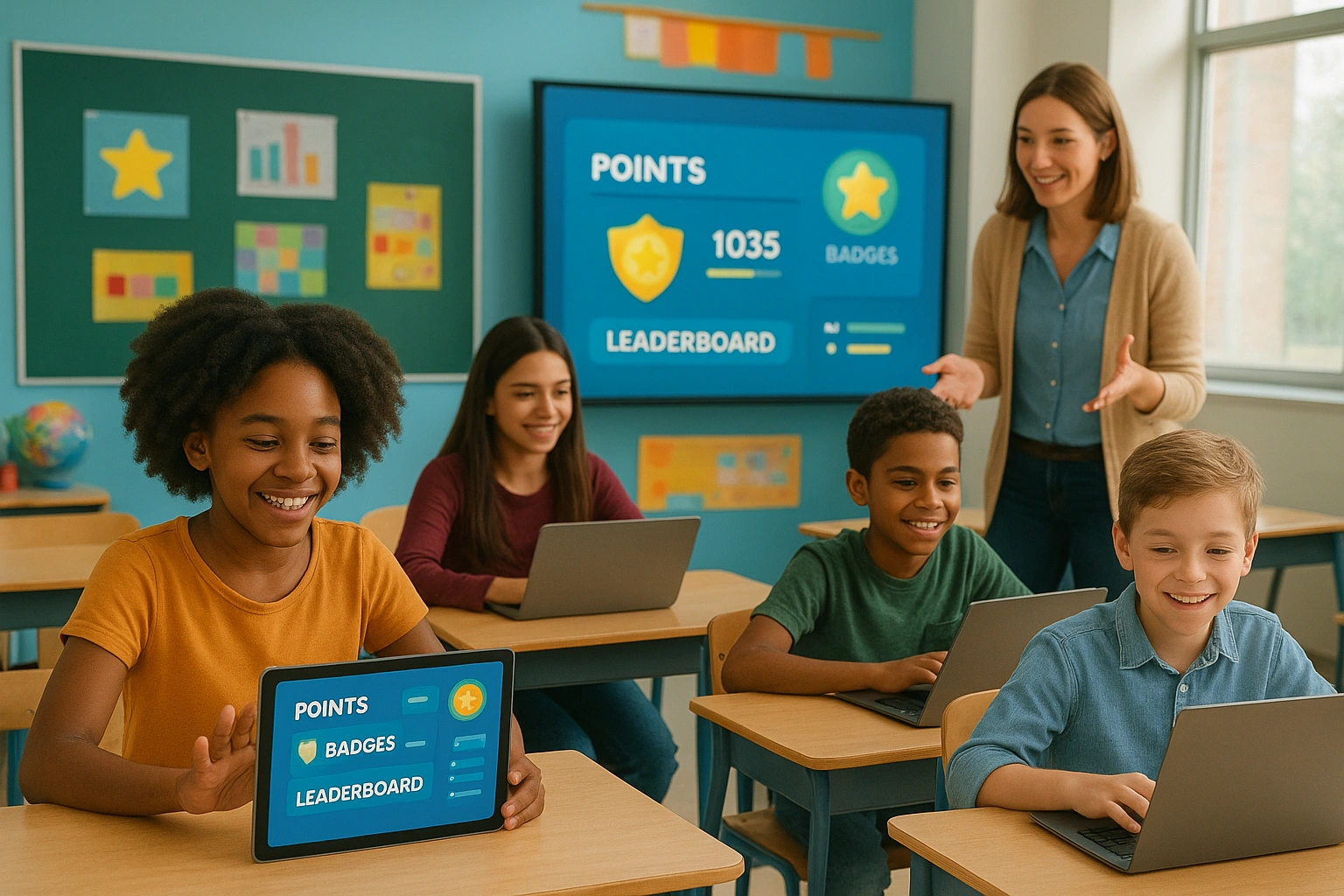 Students in a modern classroom actively engaged with AI gamification tools, displaying points, badges, and leaderboards on digital screens, while a teacher guides them in a colorful, interactive learning environment.