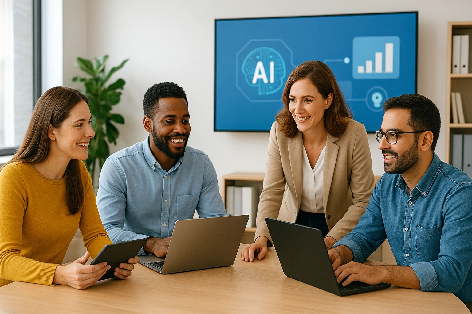 A friendly team of educators and tech specialists in a modern office, collaborating with laptops and tablets, discussing AI tools for smarter teaching in a realistic and welcoming environment.