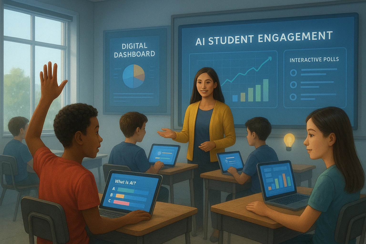Students actively participating in a modern classroom using AI student engagement tools, with digital dashboards, interactive polls, and collaborative activities enhancing learning and engagement.