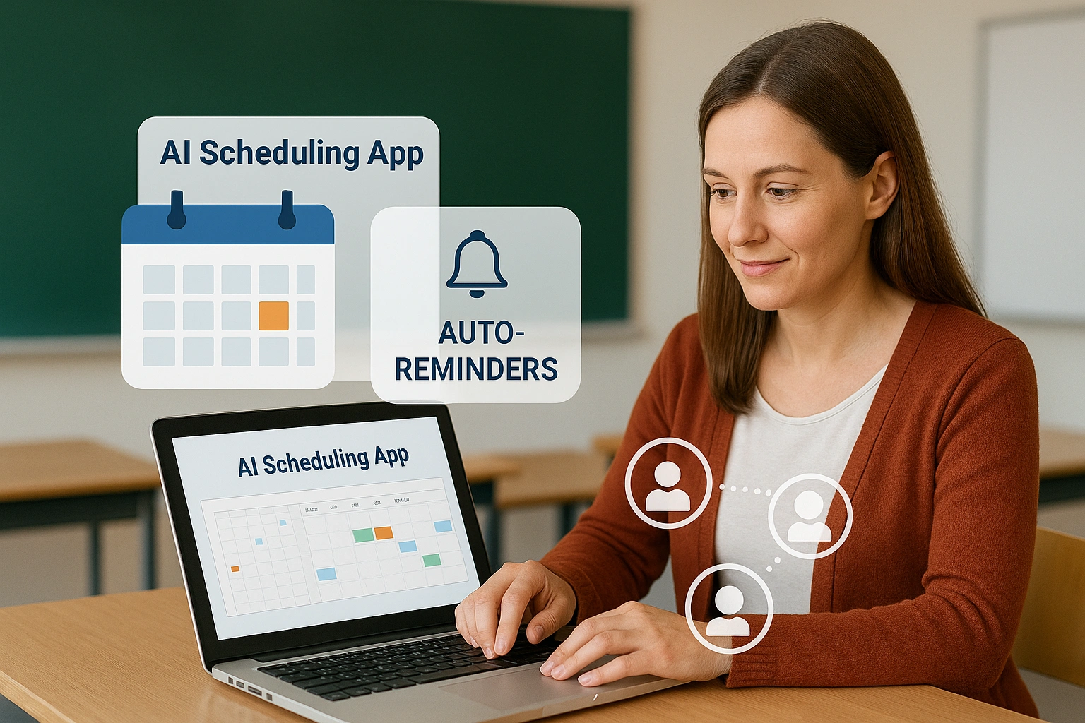 Teacher in a modern classroom using AI scheduling apps on a tablet, with visual overlays of calendars, automated reminders, and connected parent and student icons, illustrating streamlined scheduling and efficiency in education.