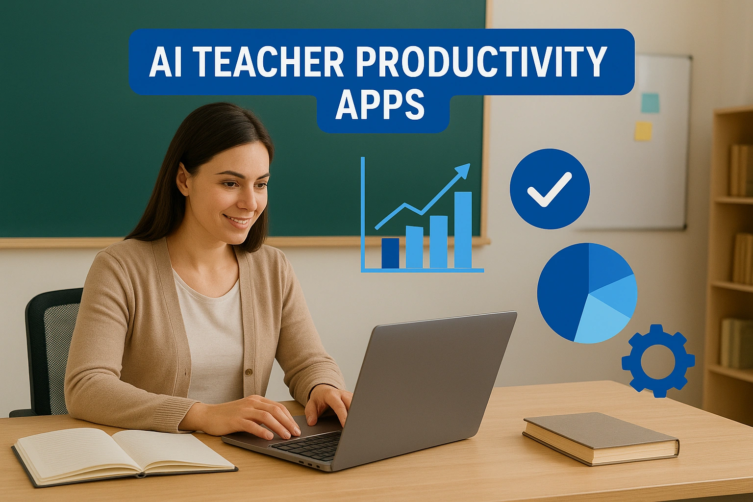 Thumbnail depicting a teacher using AI teacher productivity apps in a modern classroom, with digital charts and AI icons representing automation and productivity, highlighting efficient lesson planning and enhanced teaching workflow.