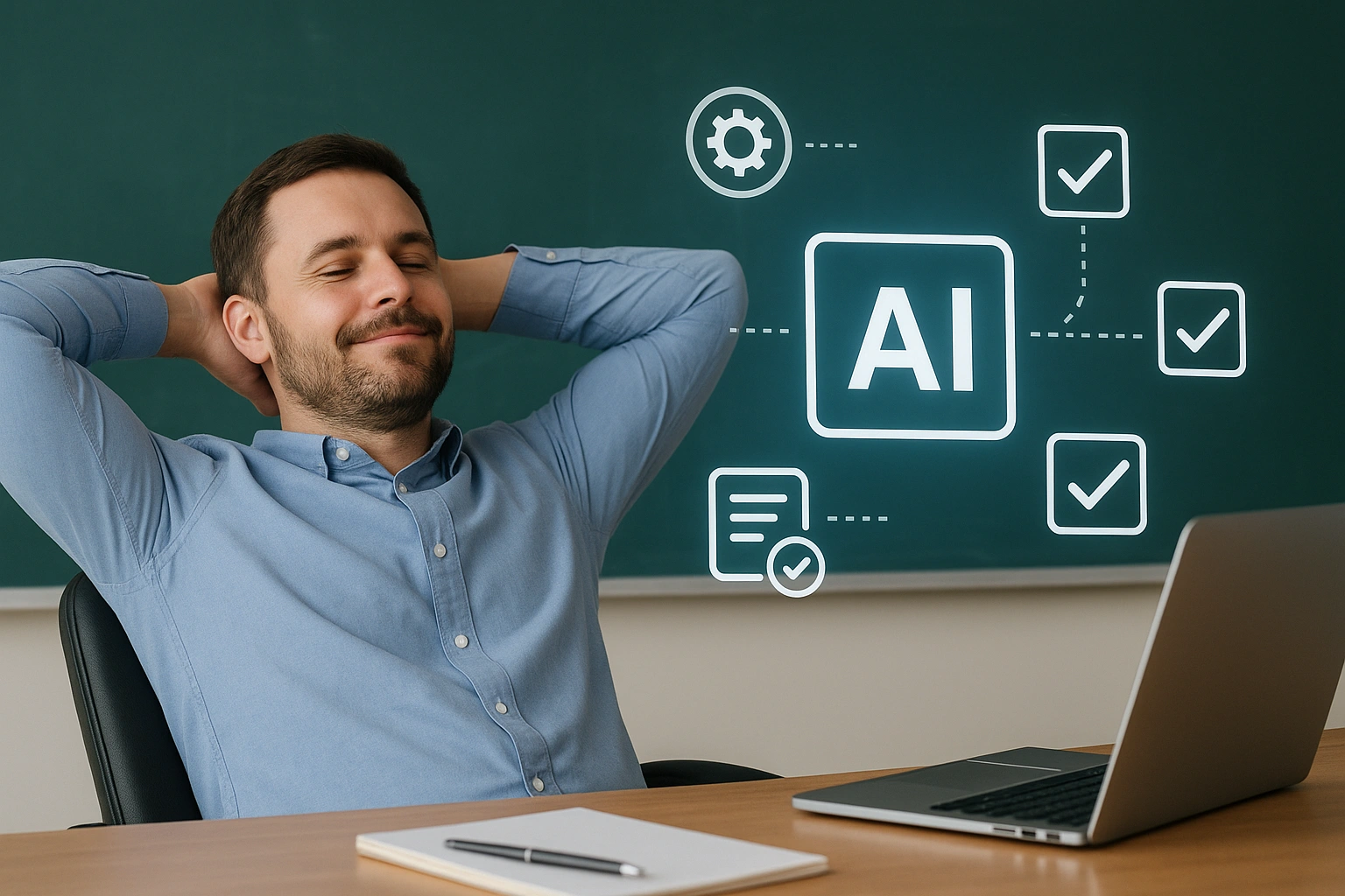 Thumbnail showing a teacher relaxing while AI saves time grading with automation tools, symbolized by digital icons and floating checkmarks, highlighting efficiency and reduced workload in education.