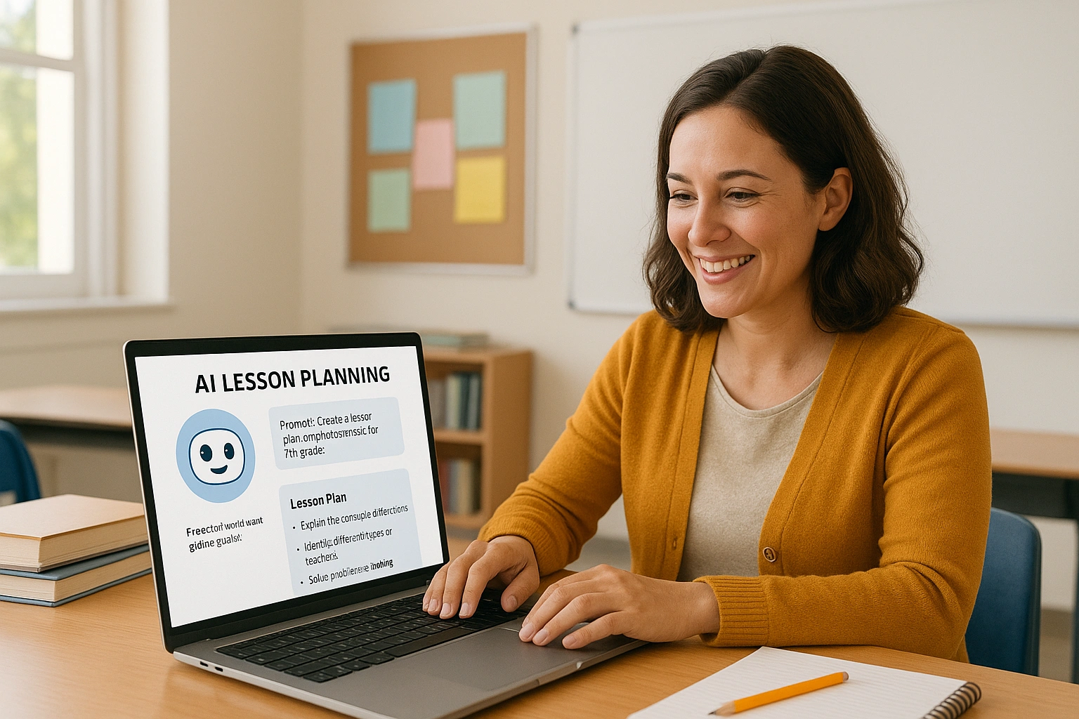 A high school teacher in a bright classroom smiling at a laptop screen where a friendly digital AI assistant helps create lesson plans, illustrating the benefits of affordable AI lesson planning tools.