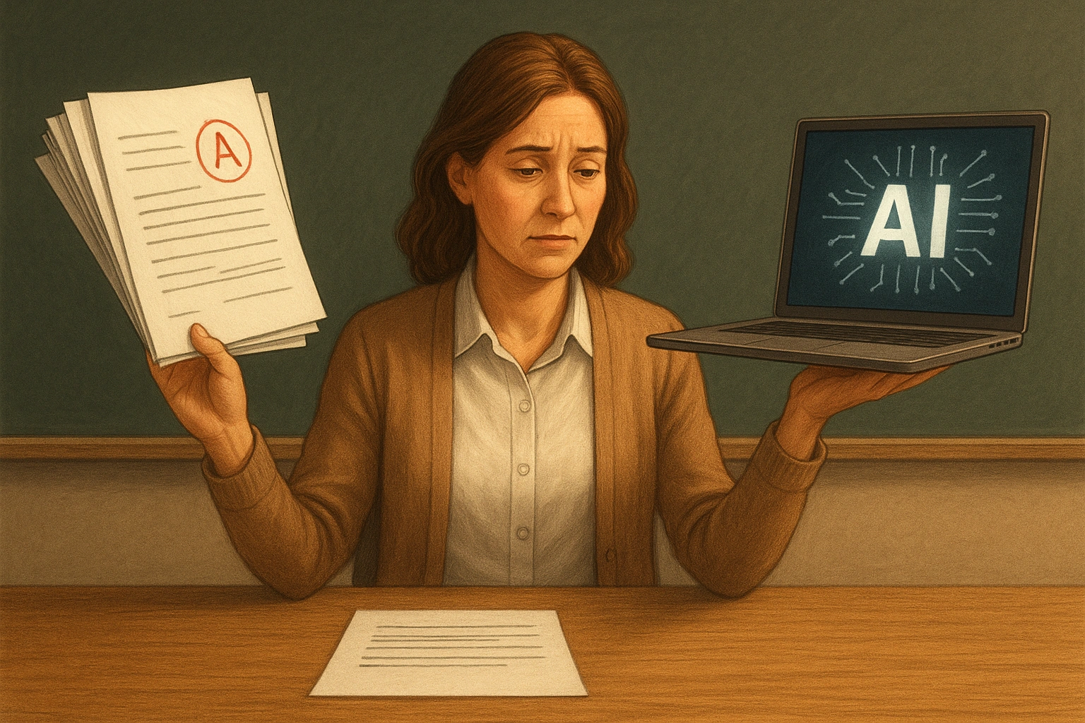 Illustration of a teacher balancing between manual grading with papers and AI grading automation on a laptop, symbolizing the debate between traditional and modern assessment methods in education.