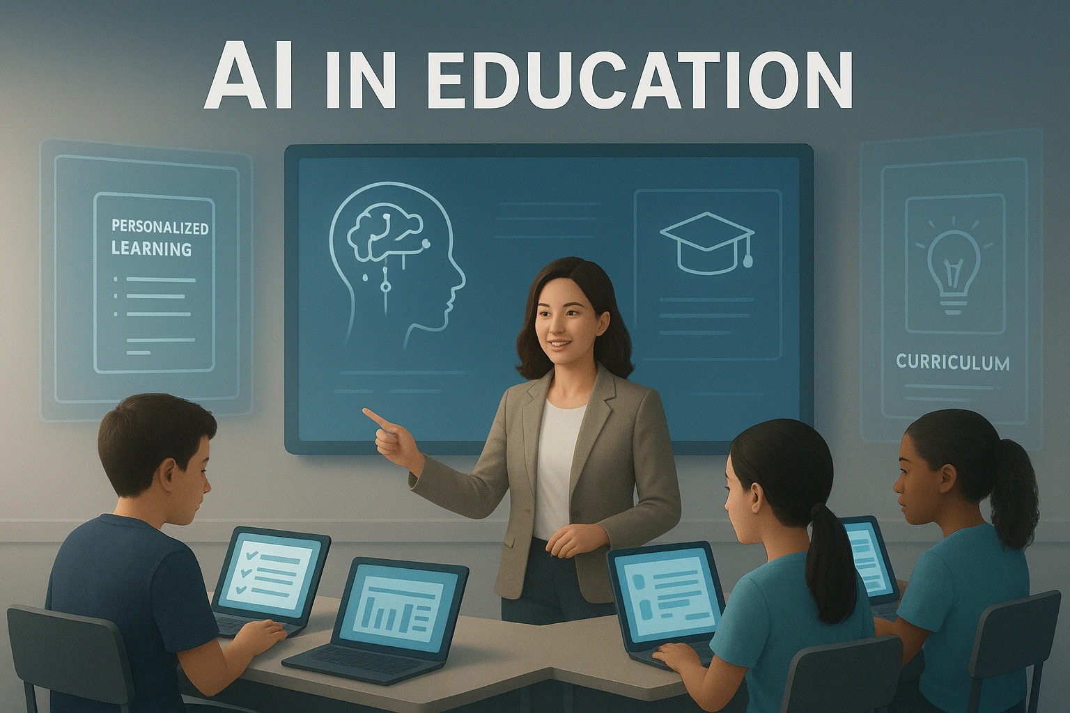 Thumbnail showing a futuristic classroom where teachers and students use AI-powered tools, representing AI in education trends like personalized learning, AI tutors, and generative AI for curriculum developmen