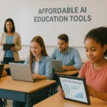 Students and teachers in a modern classroom using affordable AI education tools on laptops and tablets, highlighting accessible and interactive learning solutions for schools with varying budgets.