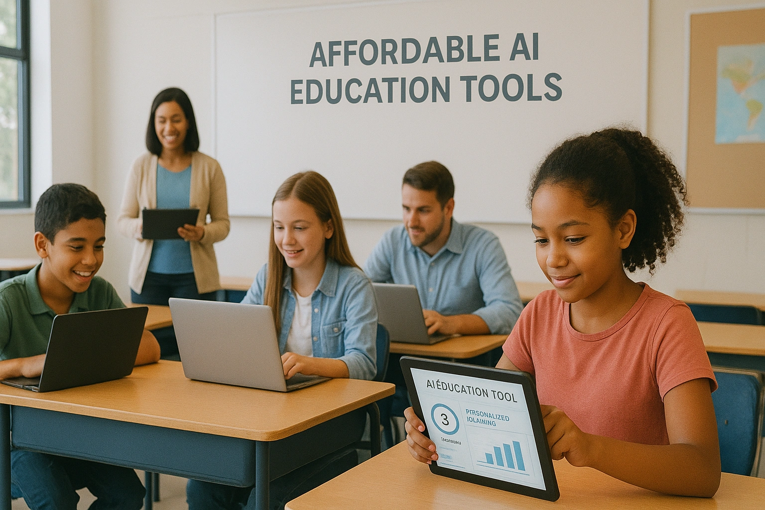 Students and teachers in a modern classroom using affordable AI education tools on laptops and tablets, highlighting accessible and interactive learning solutions for schools with varying budgets.