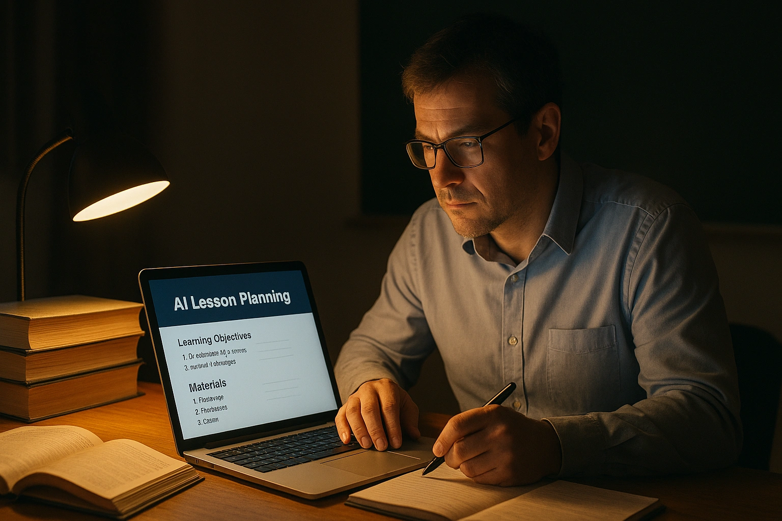 A high school teacher working late at a desk, illuminated by a lamp, with textbooks and a laptop showing AI lesson planning software, representing the use of AI to make lesson preparation easier and more personalized.
